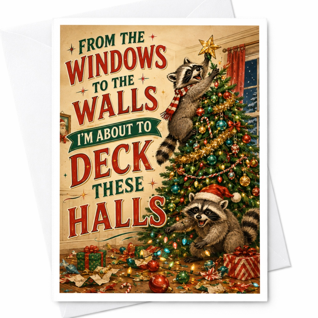 From The Windows To The Walls I'm About To Deck These Halls Funny Christmas Card Raccoons Holiday Greeting Card Cute Animal Xmas C C4568