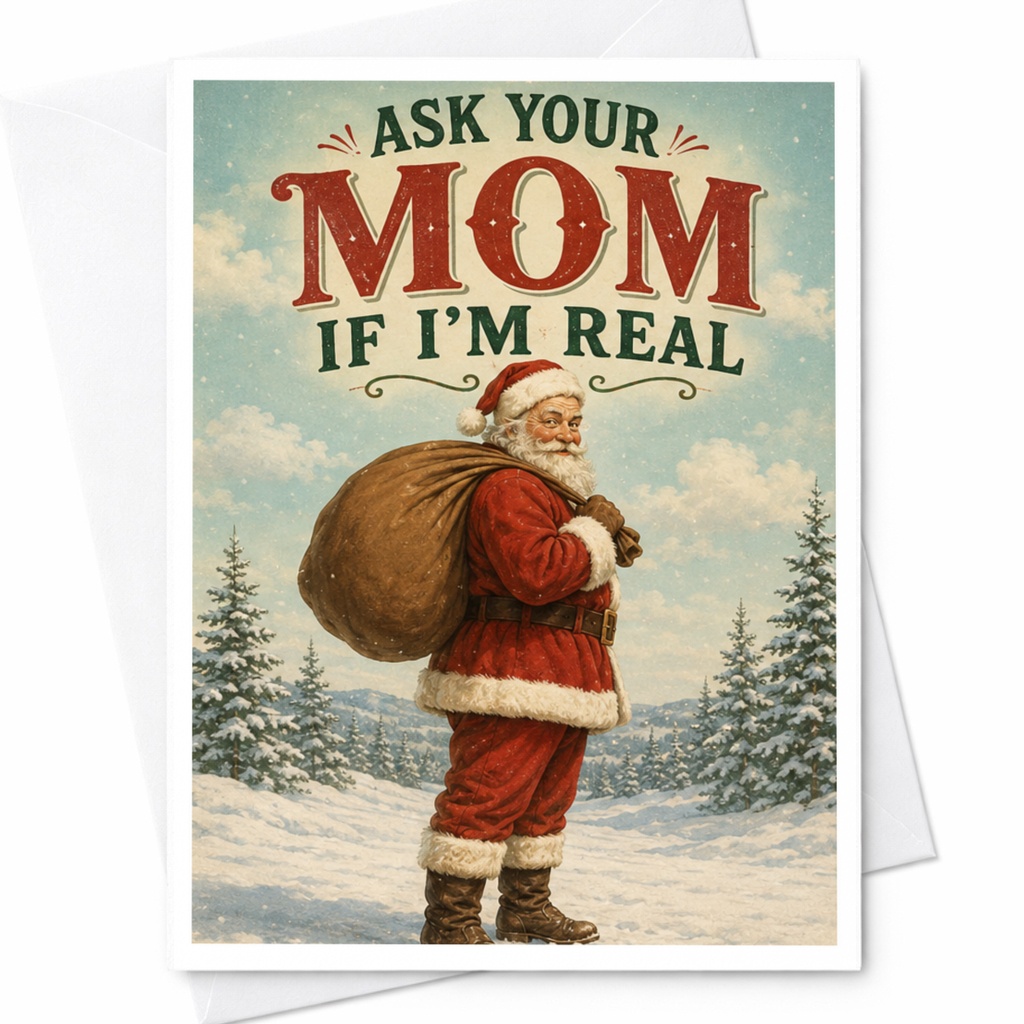 Ask Your Mom If I'm Real Funny Christmas Card Santa Claus Holiday Greeting Card Festive For Family Friends C4519