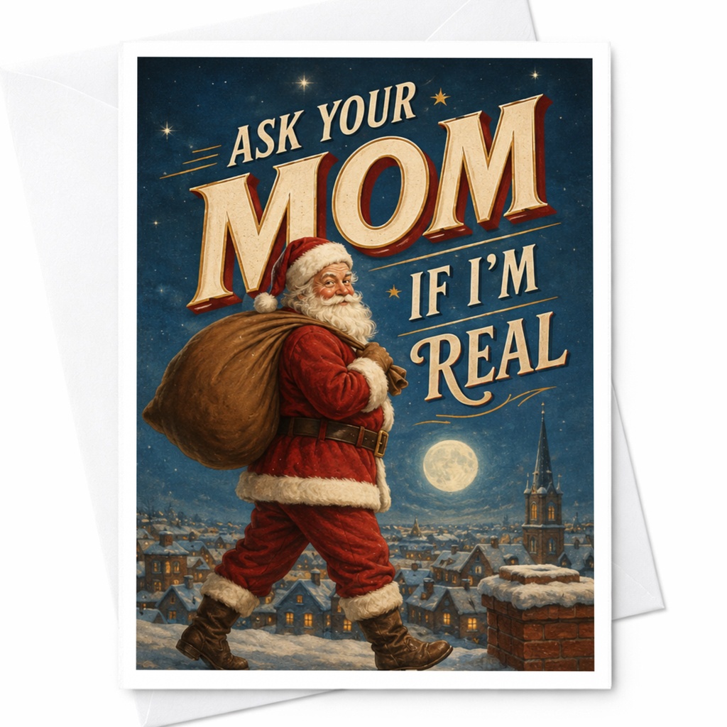 Ask Your Mom If I'm Real Funny Santa Christmas Card Festive Holiday Greeting Card For Kids Family Cute Santa Claus C4520