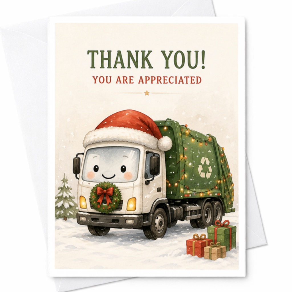 Thank You! You Are Appreciated Garbage Truck Christmas Thank You Card Sanitation Workers Holiday Appreciation Greeting Card C4522