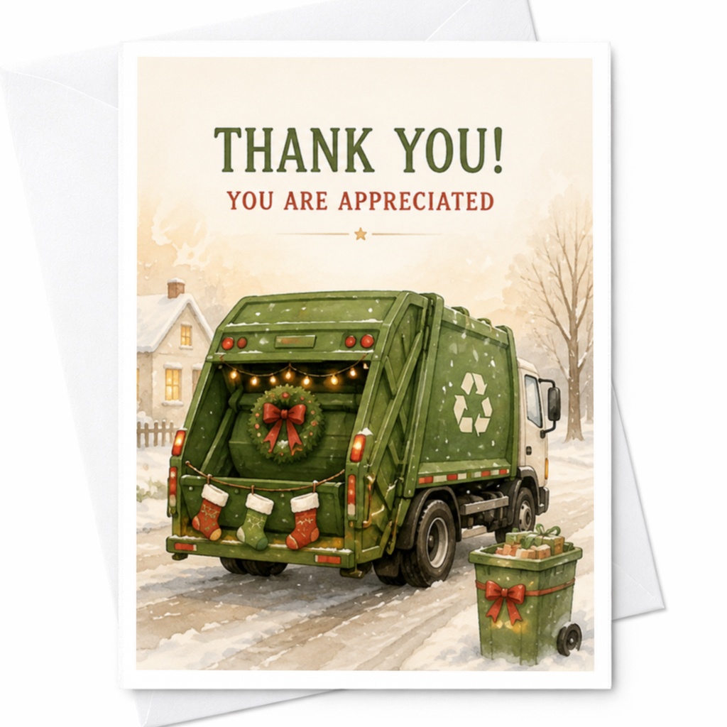 Thank You! You Are Appreciated Sanitation Worker Thank You Card Holiday Garbage Truck Christmas Gratitude Card For Waste Managemen C4523