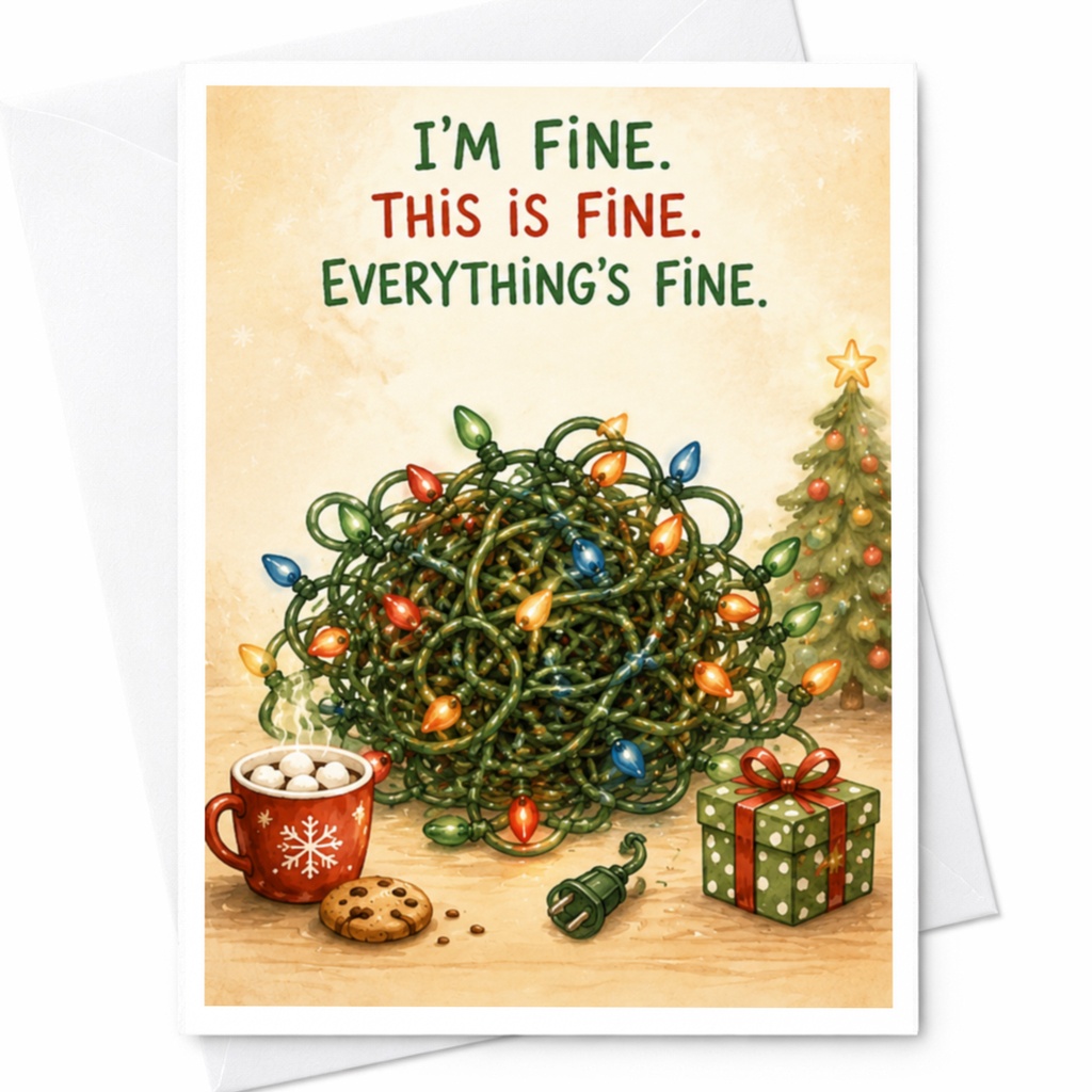 I'm Fine. This Is Fine. Everything's Fine. Funny Christmas Card Tangled Lights Holiday Xmas Greeting Card For Friend C4526