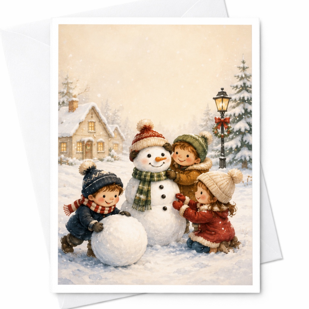 Children Building Snowman Christmas Card Cute Winter Scene Holiday Greeting Card For Kids Family Festive Snowy Landscape C4529