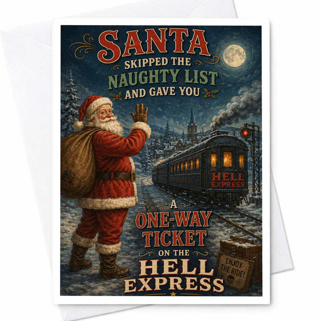 Santa Skipped The Naughty List And Gave You A One-Way Ticket On The Hell Express Funny Christmas Card Santa Holiday Greeting C4531