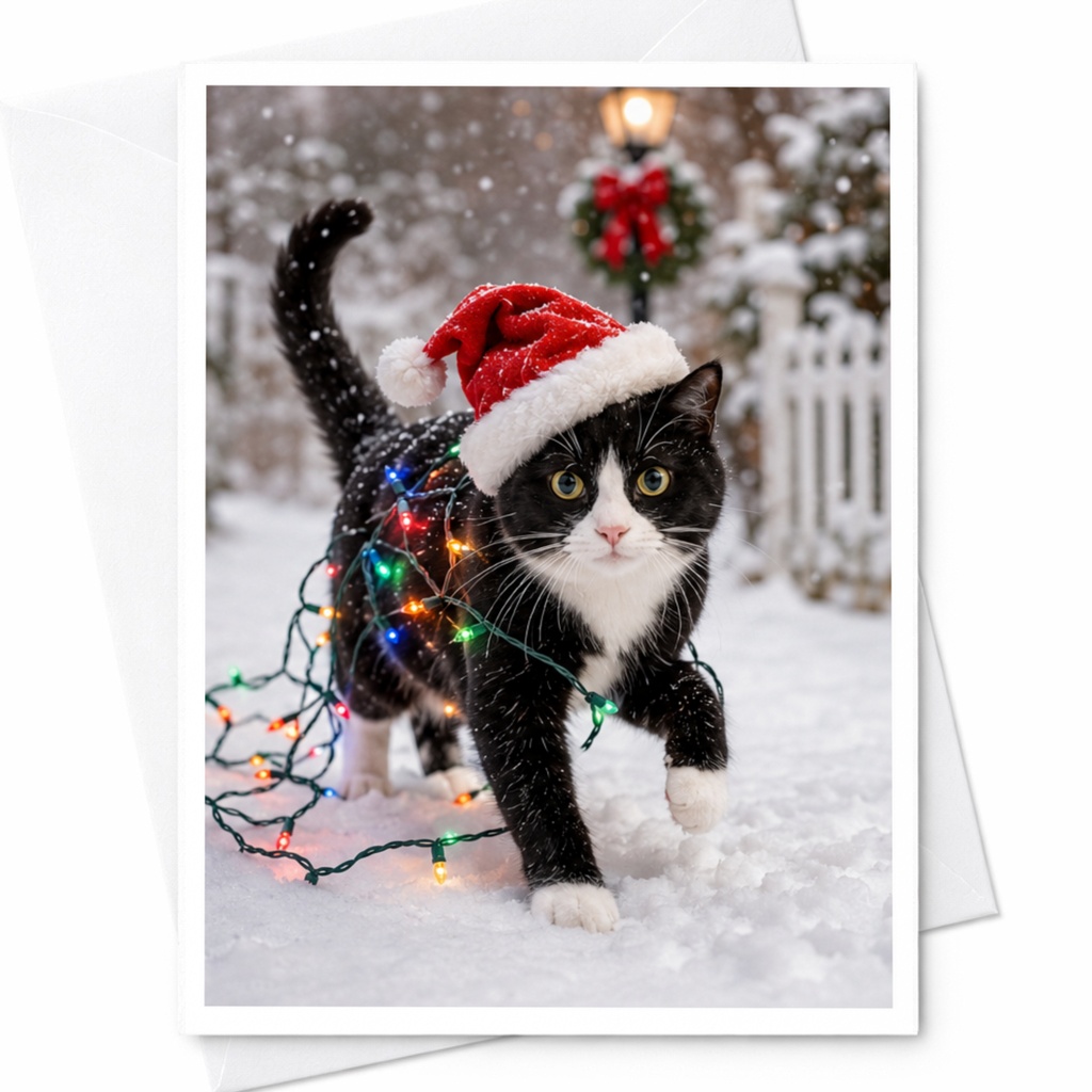Cat Christmas Card Cute Holiday Greeting Card Santa Hat Lights For Cat Lover Festive Winter Scene Adorable Pet Card C4539
