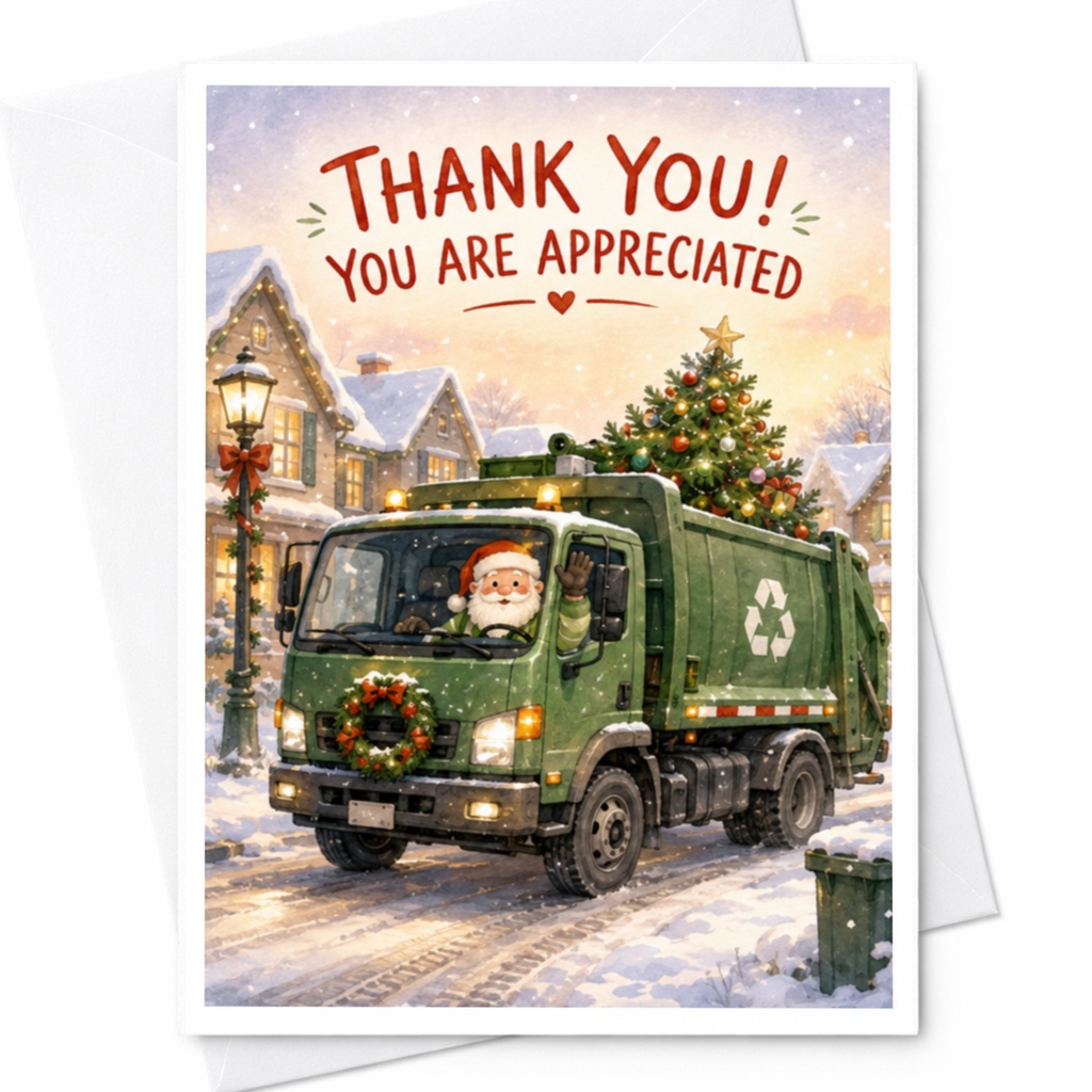 Thank You! You Are Appreciated Christmas Card Santa Driving Recycling Truck Holiday Greeting Card Eco Friendly Appreciation C4540