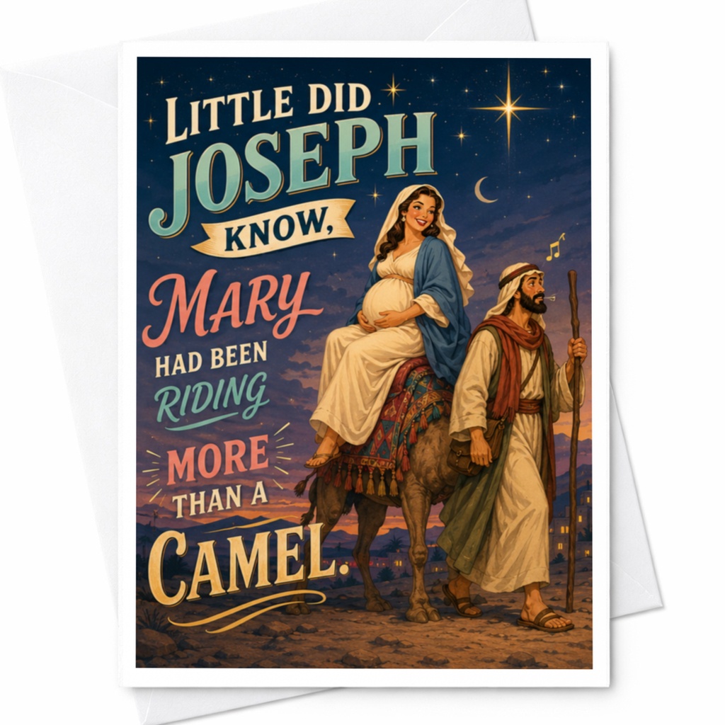 Little Did Joseph Know, Mary Had Been Riding More Than A Camel. Funny Christmas Card Holiday Greeting Card For Friends C4546