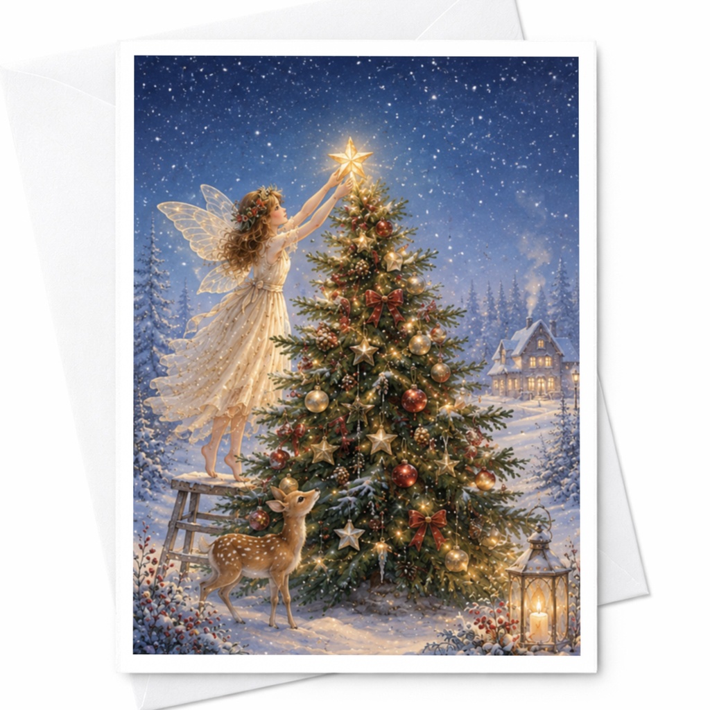 Fairy Decorating Christmas Tree Card Enchanting Holiday Greeting Card Winter Wonderland Scene For Christmas Cheer C4549