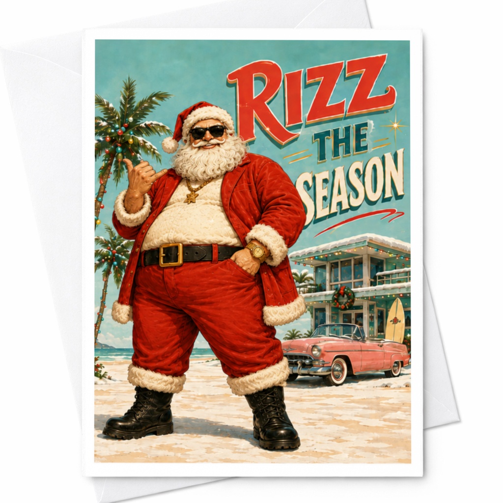 Rizz The Season Funny Christmas Card Santa On Beach Holiday Greeting Card For Friends Family Festive Card C4551