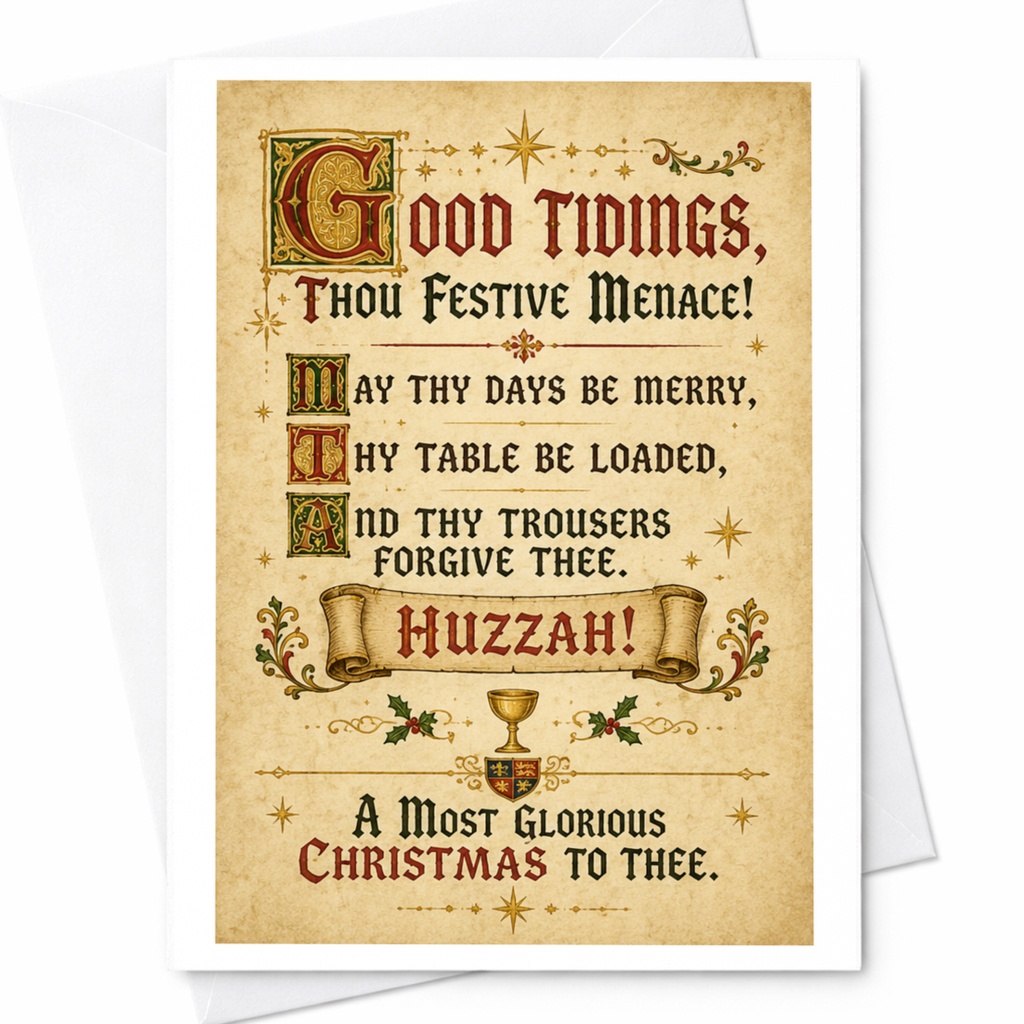 Good Tidings, Thou Festive Menace! Medieval Themed Christmas Card Funny Holiday Greeting For Friends Unique Xmas Card C4552