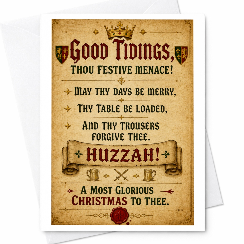 Good Tidings Thou Festive Menace Medieval Christmas Card Funny Holiday Greeting Huzzah For Friends Unique Festive Card C4553