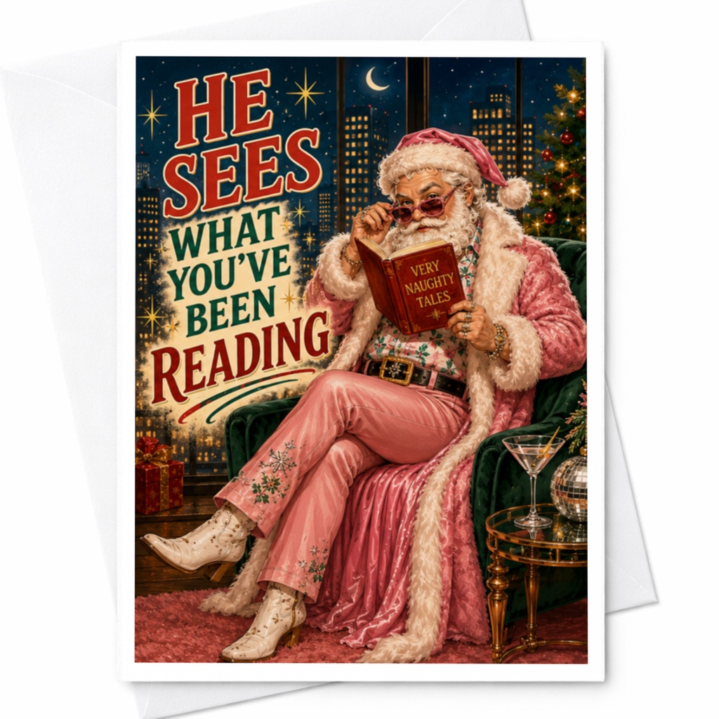He Sees What You've Been Reading Funny Christmas Card Santa Reading Naughty Tales Holiday Festive Greeting Card C4557