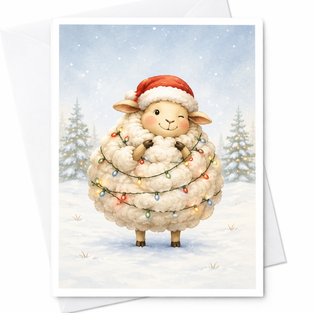 Cute Sheep Christmas Card Festive Holiday Greeting Card With Santa Hat And Lights For Family Friends Adorable Winter Scene C4560