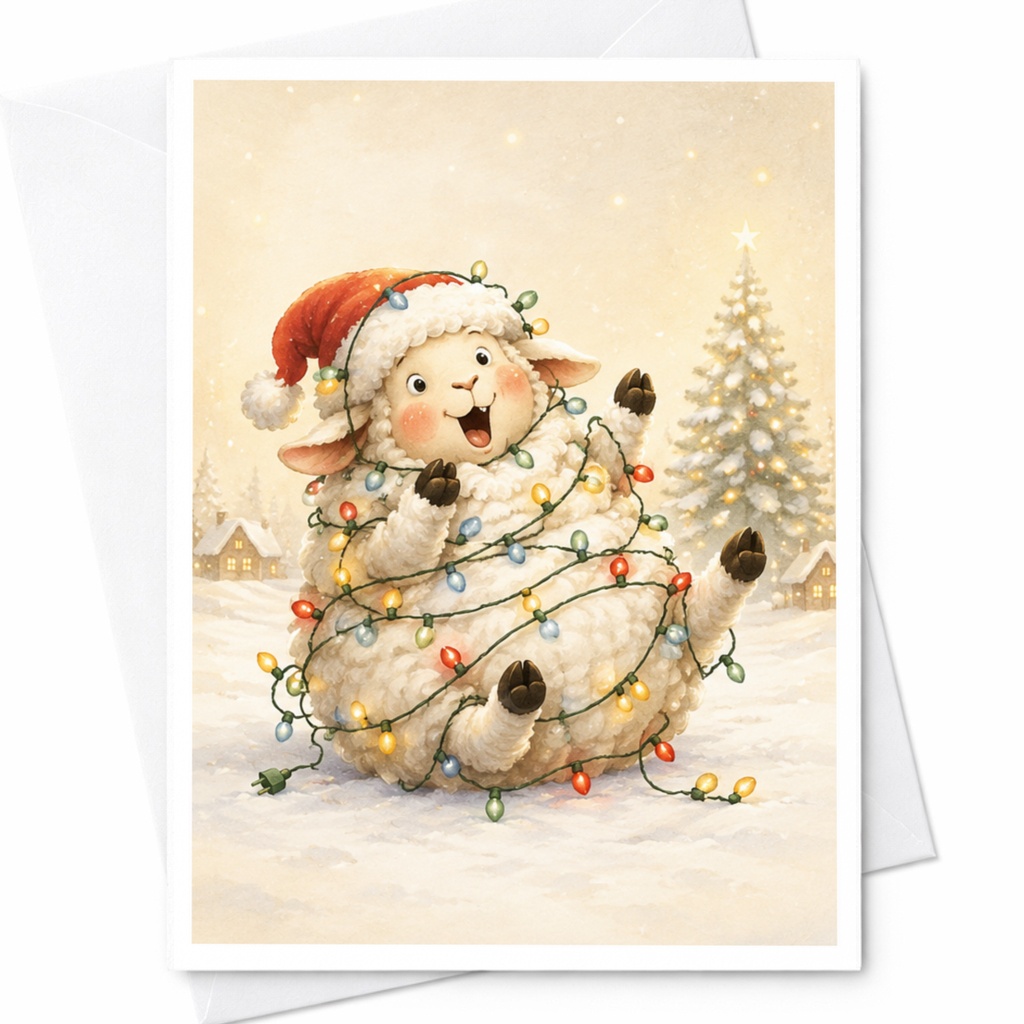 Cute Sheep Wrapped In Christmas Lights Holiday Greeting Card Festive Animal Christmas Card For Kids Family Fun Winter Scene C4561
