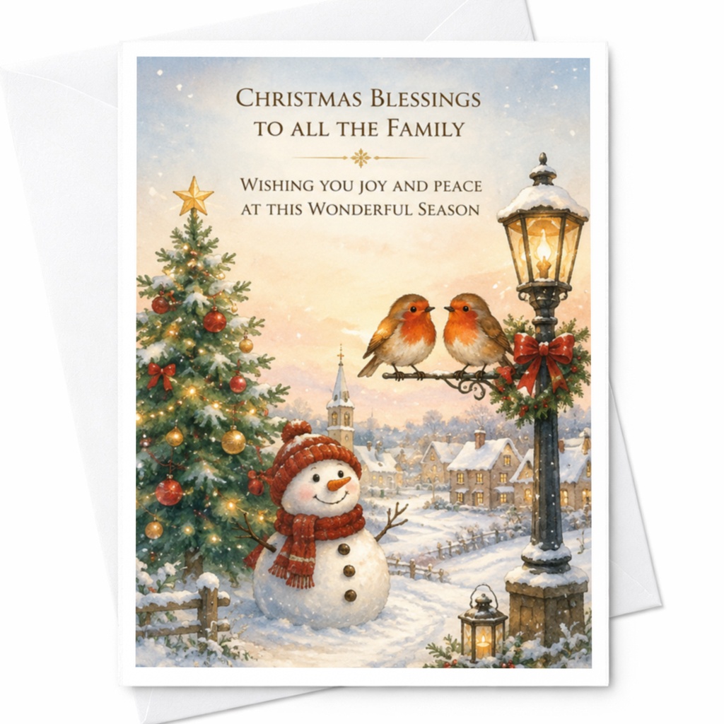 Christmas Blessings To All The Family Christmas Card Joy And Peace Holiday Greeting Card Snowman Robins Family Xmas Card C4563