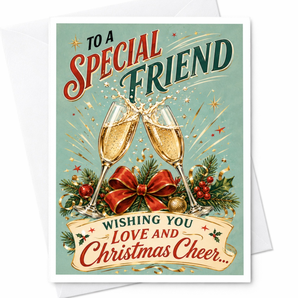 To A Special Friend Wishing You Love And Christmas Cheer Christmas Card Festive Holiday Greeting For Friend With Champagne Glasses C4565
