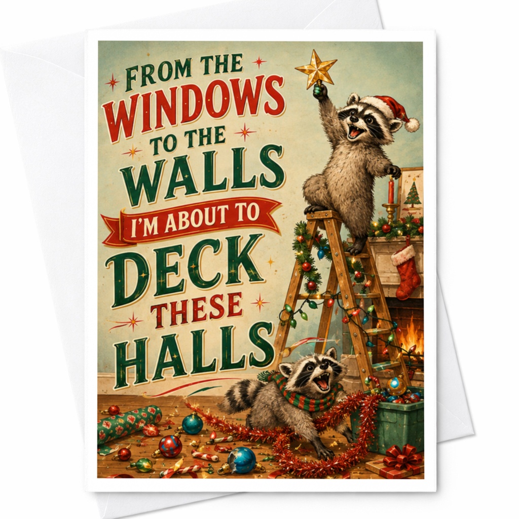 From The Windows To The Walls I'm About To Deck These Halls Funny Christmas Card Raccoons Holiday Festive Greeting Card C4569