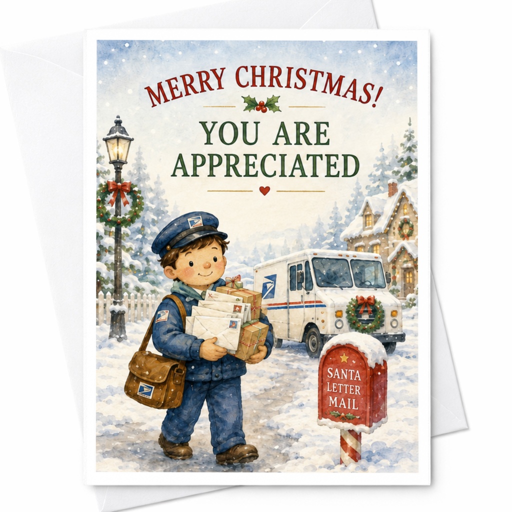 Merry Christmas! You Are Appreciated Christmas Card Mail Carrier Appreciation Holiday Greeting Card For Postal Worker C4574