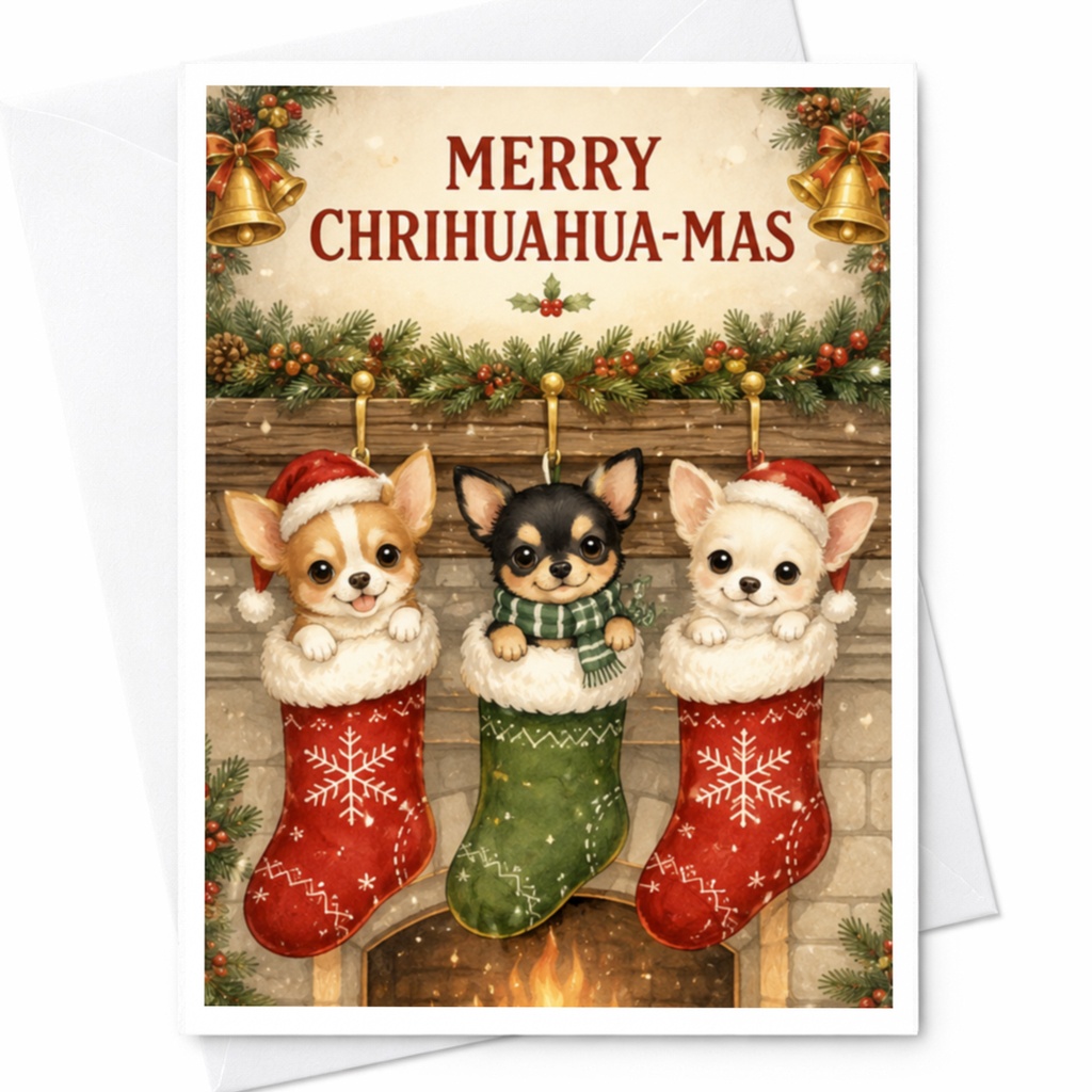 Merry Chrihuahua-Mas Cute Christmas Card Chihuahuas In Stockings Holiday Greeting Card For Dog Lovers Festive Pet-Themed Card C4584