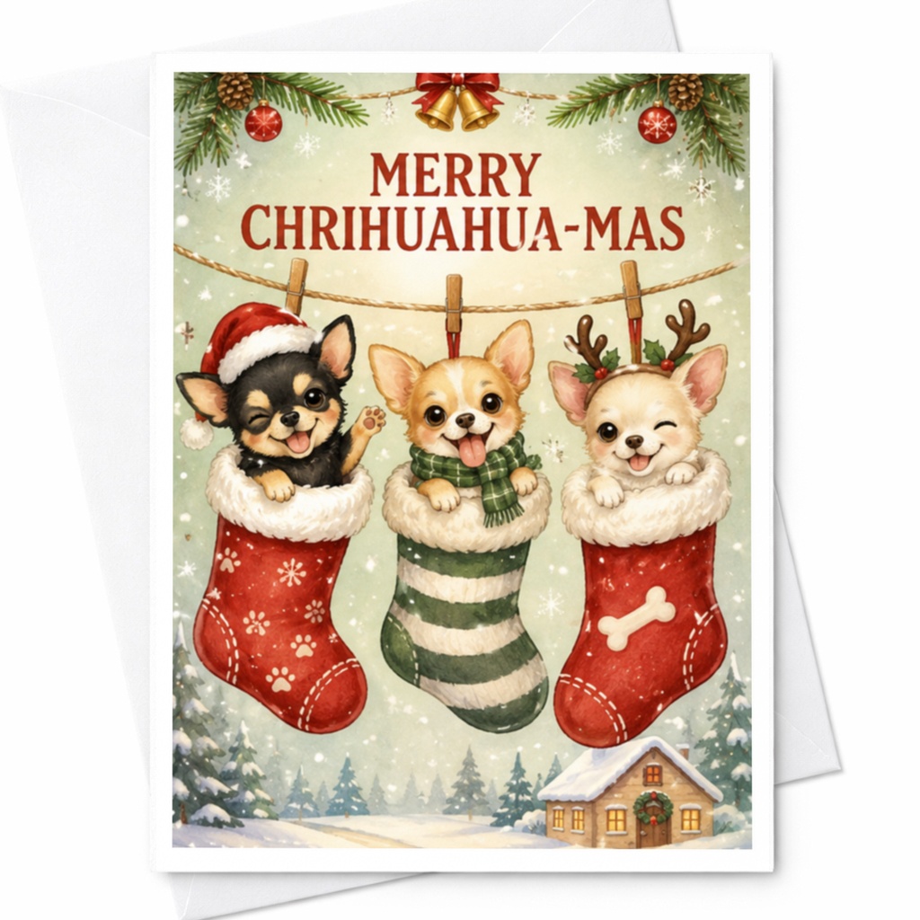 Merry Chrihuahua-Mas Cute Christmas Card Adorable Chihuahua Dog Lover Holiday Greeting Card Festive Pet Stocking Card C4585
