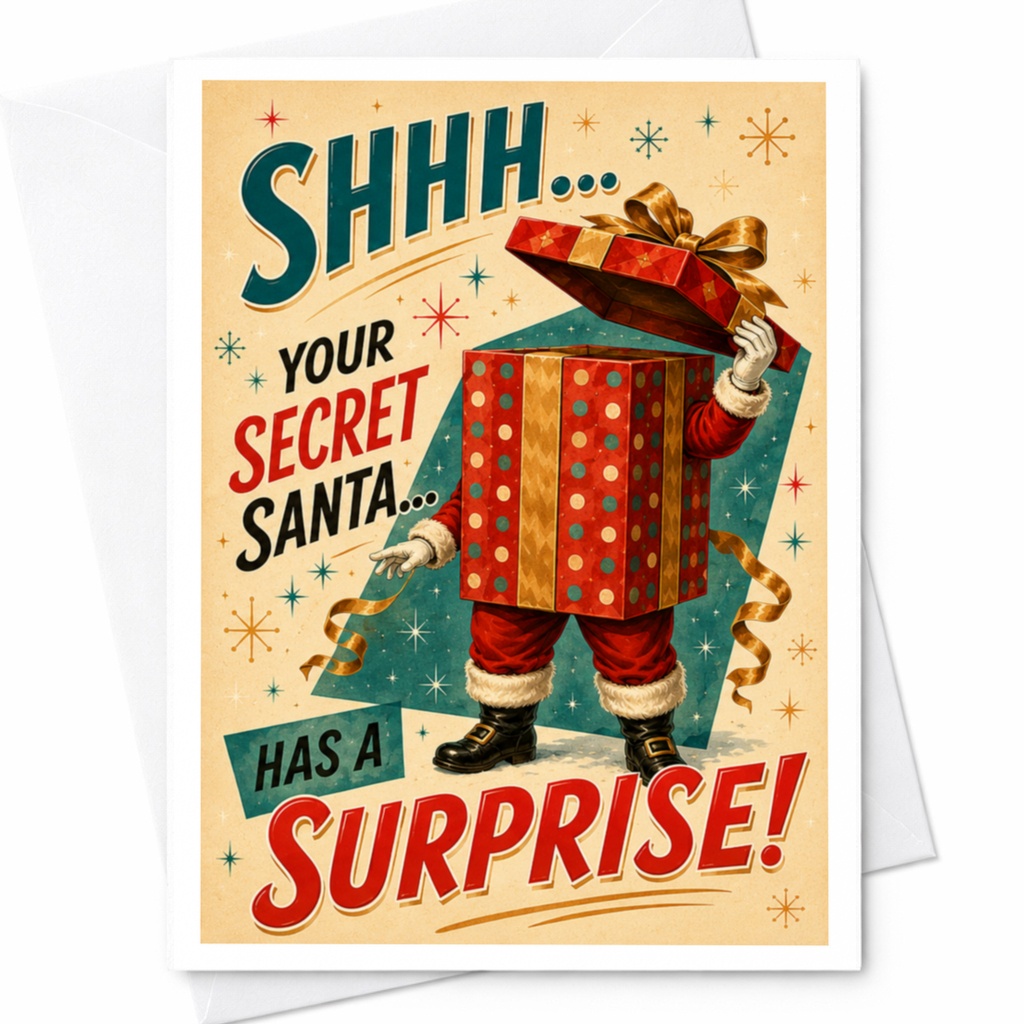 Shhh... Your Secret Santa... Has A Surprise! Funny Christmas Card Retro Santa Gift Box Holiday Greeting Card For Friends C4587
