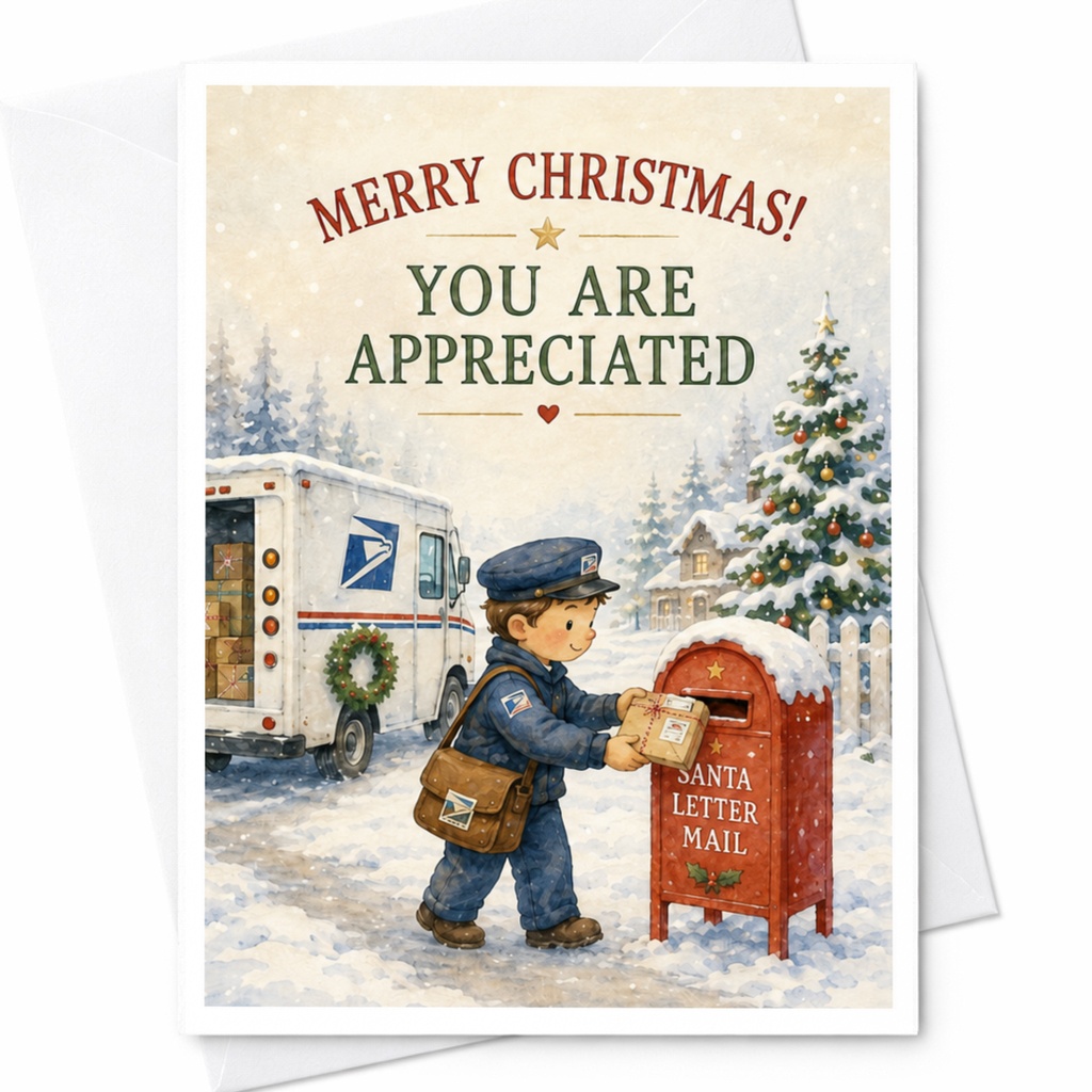 Merry Christmas! You Are Appreciated Christmas Card Mail Carrier Appreciation Holiday Greeting Card For Postal Worker C4575