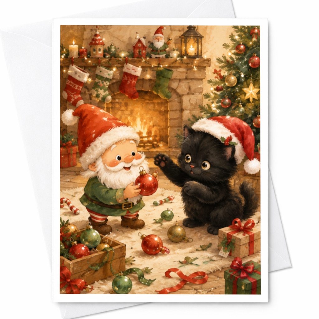 Santa And Cat Christmas Greeting Card Festive Holiday Card Cute Santa Claus And Kitten By Fireplace Christmas Tree C4578