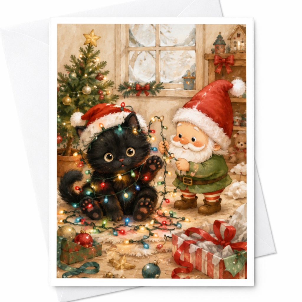 Santa And Cat Christmas Card Cute Holiday Greeting Card Festive Santa Claus And Kitten For Cat Lovers Xmas Card C4579
