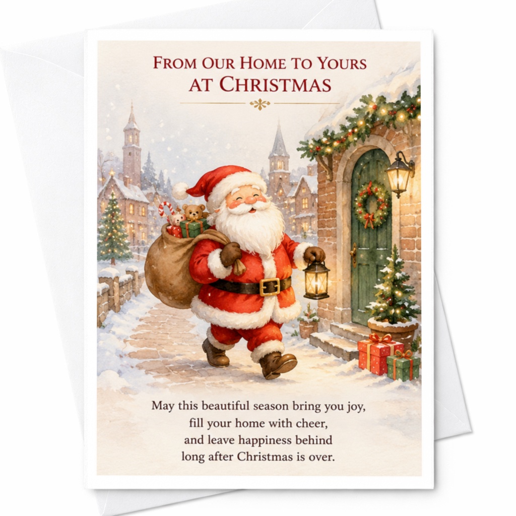 From Our Home To Yours At Christmas Santa Christmas Card Holiday Greeting Card Festive Santa Claus For Family Friends C4581