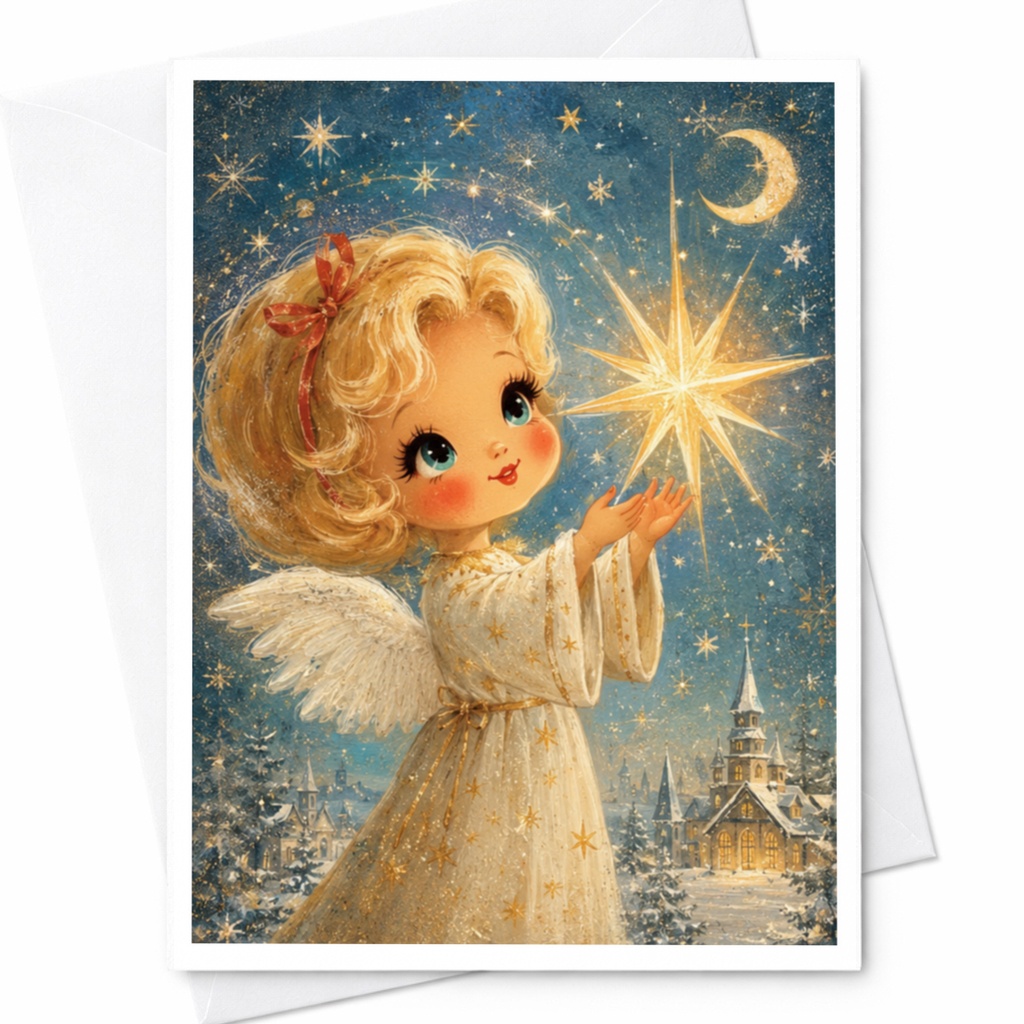 Vintage Angel Christmas Card Cute Holiday Greeting Card For Her Whimsical Starry Night Scene Winter Wonderland Art C4593