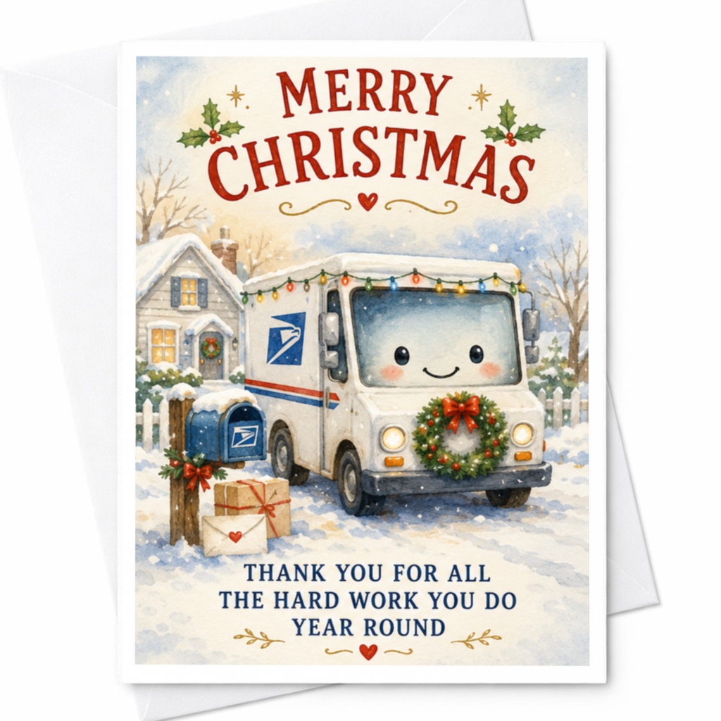 Merry Christmas Thank You For All The Hard Work You Do Year Round Cute Mail Truck Christmas Card Postal Worker Appreciation Festiv C4582