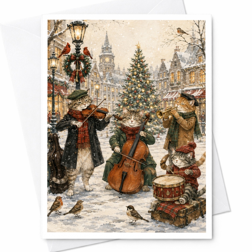 Cat Orchestra Christmas Greeting Card Cute Winter Music Cats Playing Instruments Holiday Card For Cat Lovers Snowy Scene C4595