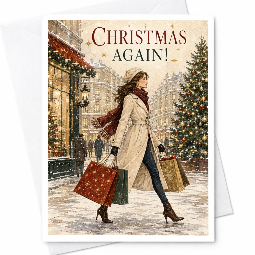 Christmas Again! Festive Christmas Card Winter Shopping Scene Holiday Greeting Card For Her Seasonal Celebration C4598