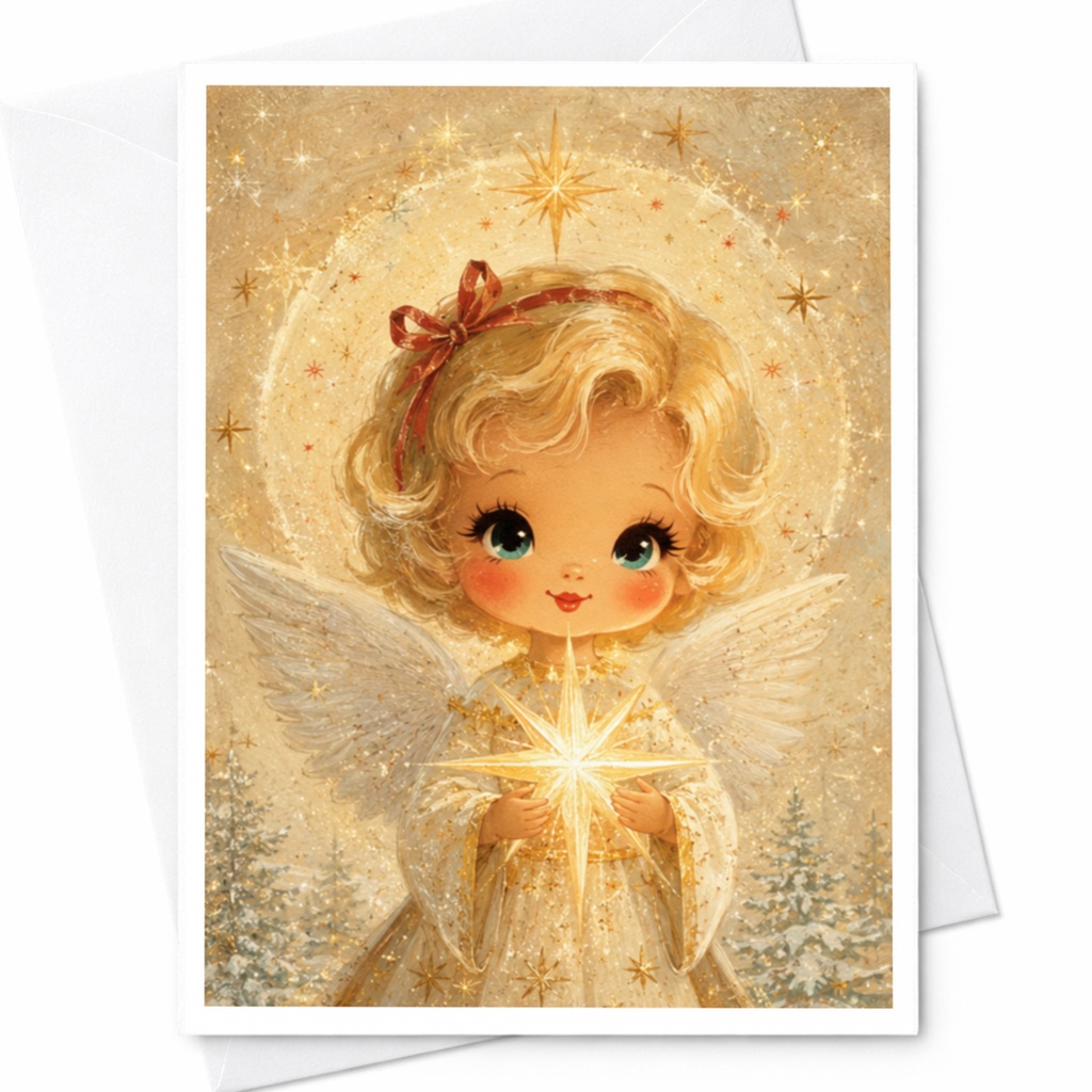 Cute Angel Christmas Card Vintage Style Holiday Greeting Card For Her Adorable Angelic Illustration Festive Season Card C4592