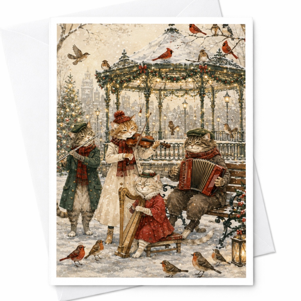 Cat Orchestra Christmas Greeting Card Winter Music Scene Cute Cats Playing Instruments Holiday Card For Cat Lovers C4594