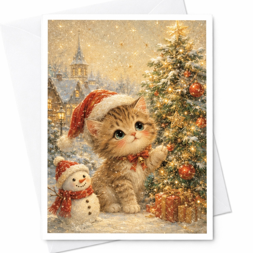 Adorable Cat Christmas Card Cute Kitten With Snowman Holiday Greeting Card For Cat Lovers Festive Winter Scene C4596