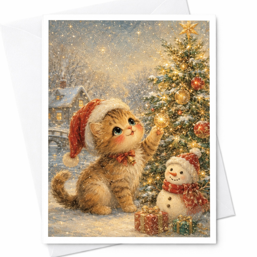 Adorable Cat Christmas Card Cute Holiday Greeting Card For Cat Lovers Festive Winter Scene With Snowman And Gifts C4597