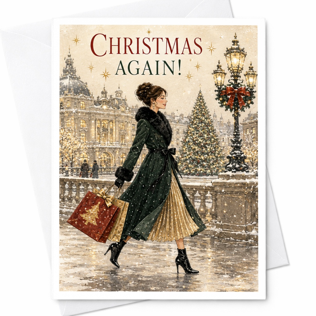 Christmas Again! Festive Christmas Card Elegant Winter Scene Holiday Greeting Card For Her Seasonal Celebration Card C4599