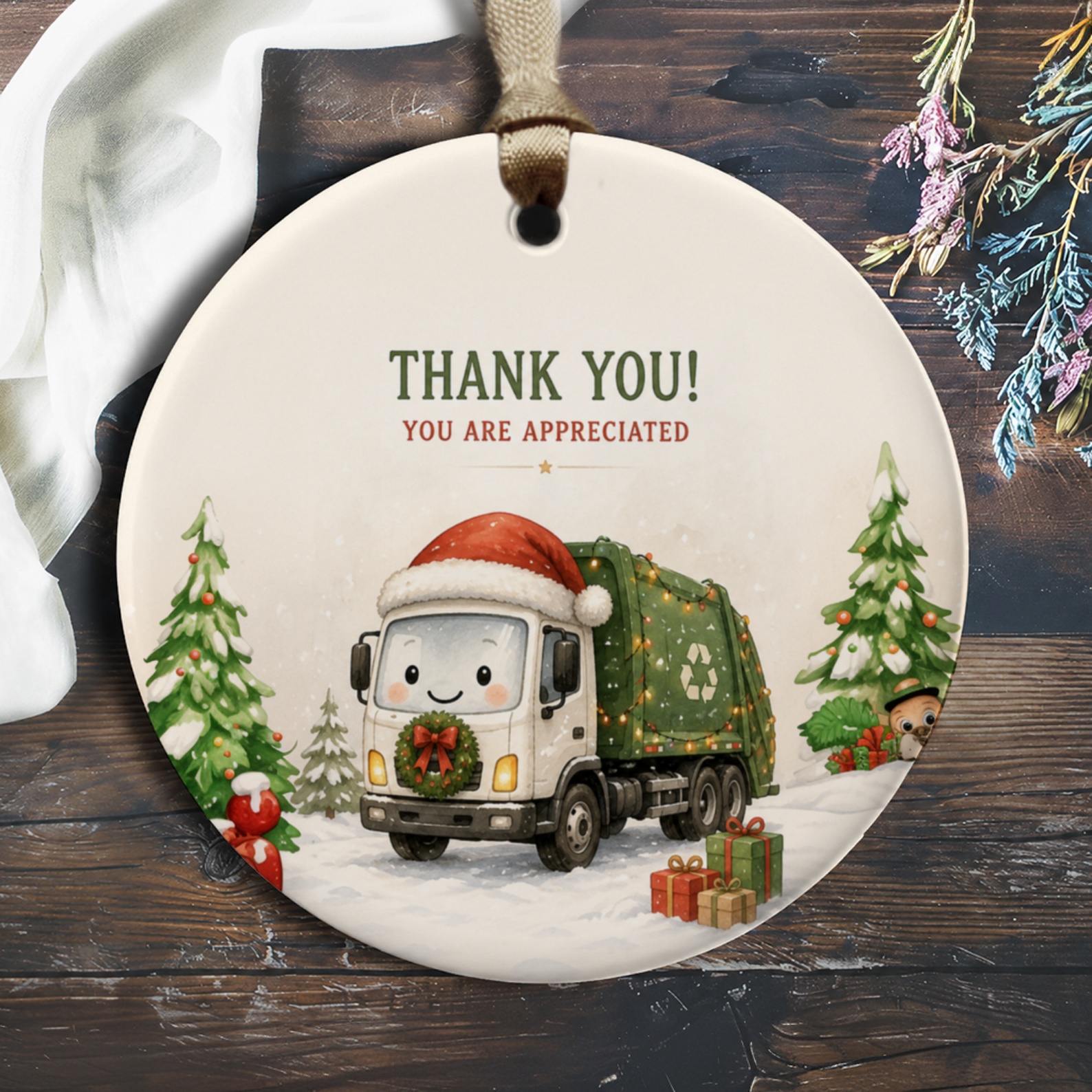 Thank You! You Are Appreciated Christmas Ornament Cute Garbage Truck Santa Hat Holiday Decor Gift O550
