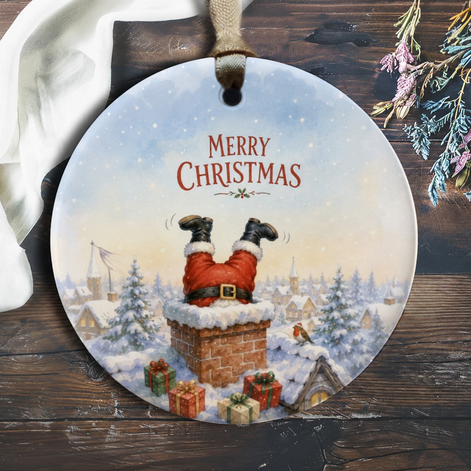 Merry Christmas Ornament Santa Stuck In Chimney Festive Holiday Decor Winter Wonderland Scene Gift O552