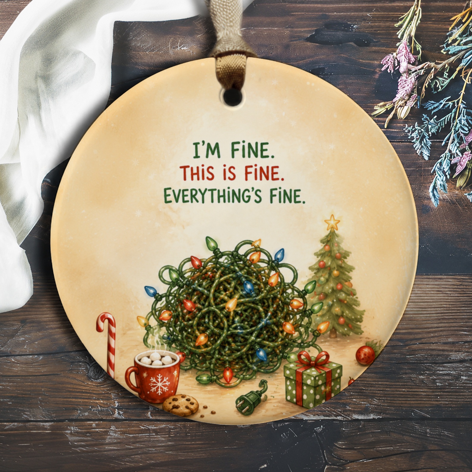I'm Fine. This Is Fine. Everything's Fine. Funny Christmas Ornament Holiday Decor Gift Xmas Tree Decoration O554
