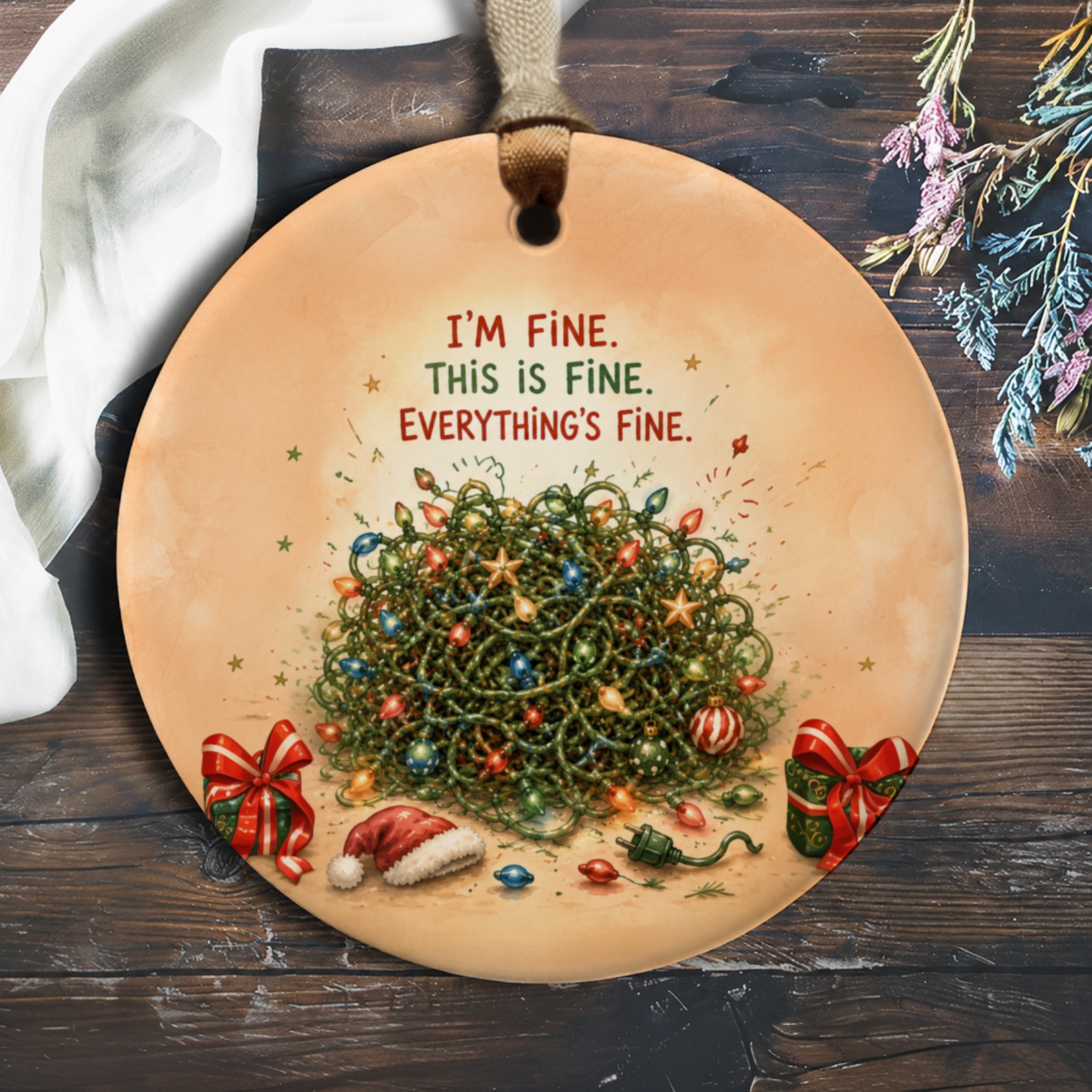 I'm Fine. This Is Fine. Everything's Fine. Funny Christmas Ornament Tangled Lights Holiday Decor Gift O555