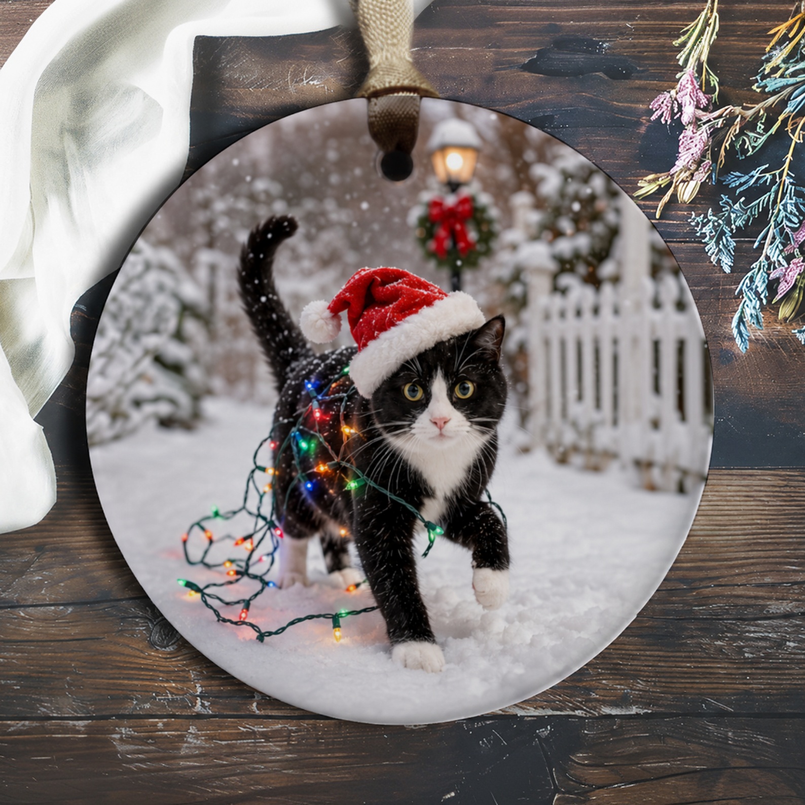 Cat Christmas Ornament Cute Holiday Decor Santa Hat Lights Winter Scene For Cat Lovers Festive Tree Decoration O567