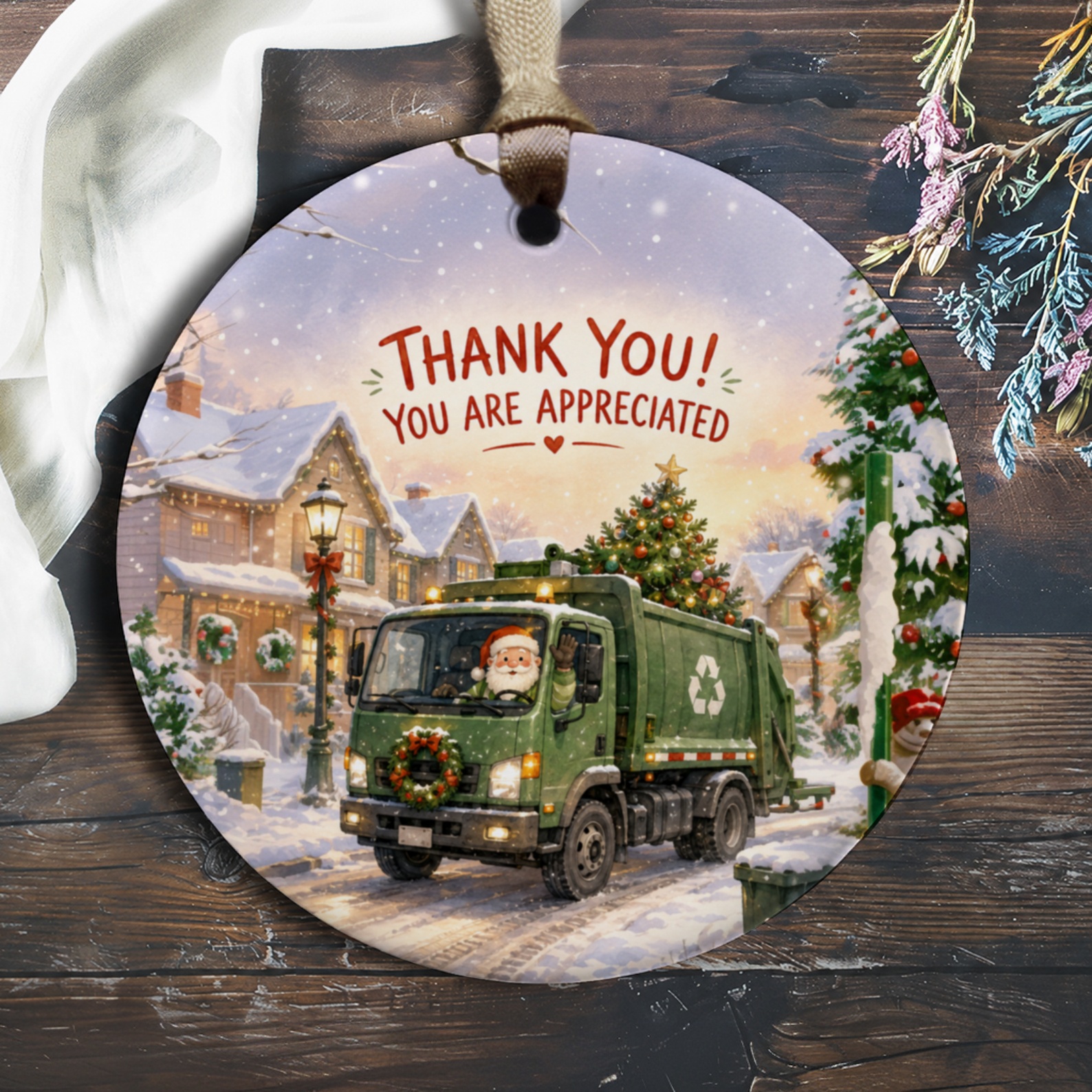 Thank You! You Are Appreciated Christmas Ornament Santa Recycling Truck Holiday Decor Appreciation Gift O568