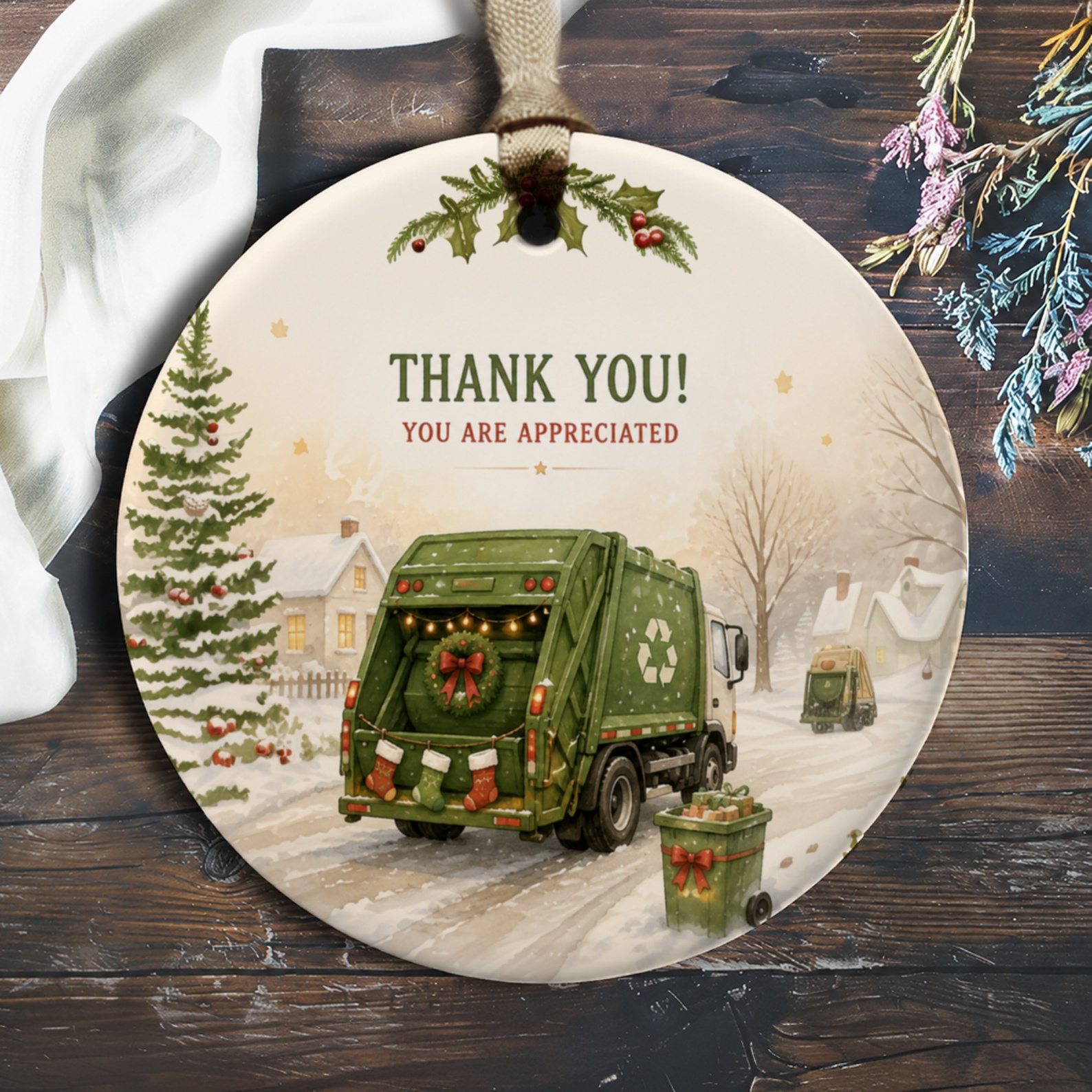 Thank You! You Are Appreciated Christmas Ornament Holiday Decor Garbage Truck Appreciation Gift Winter Scene O551