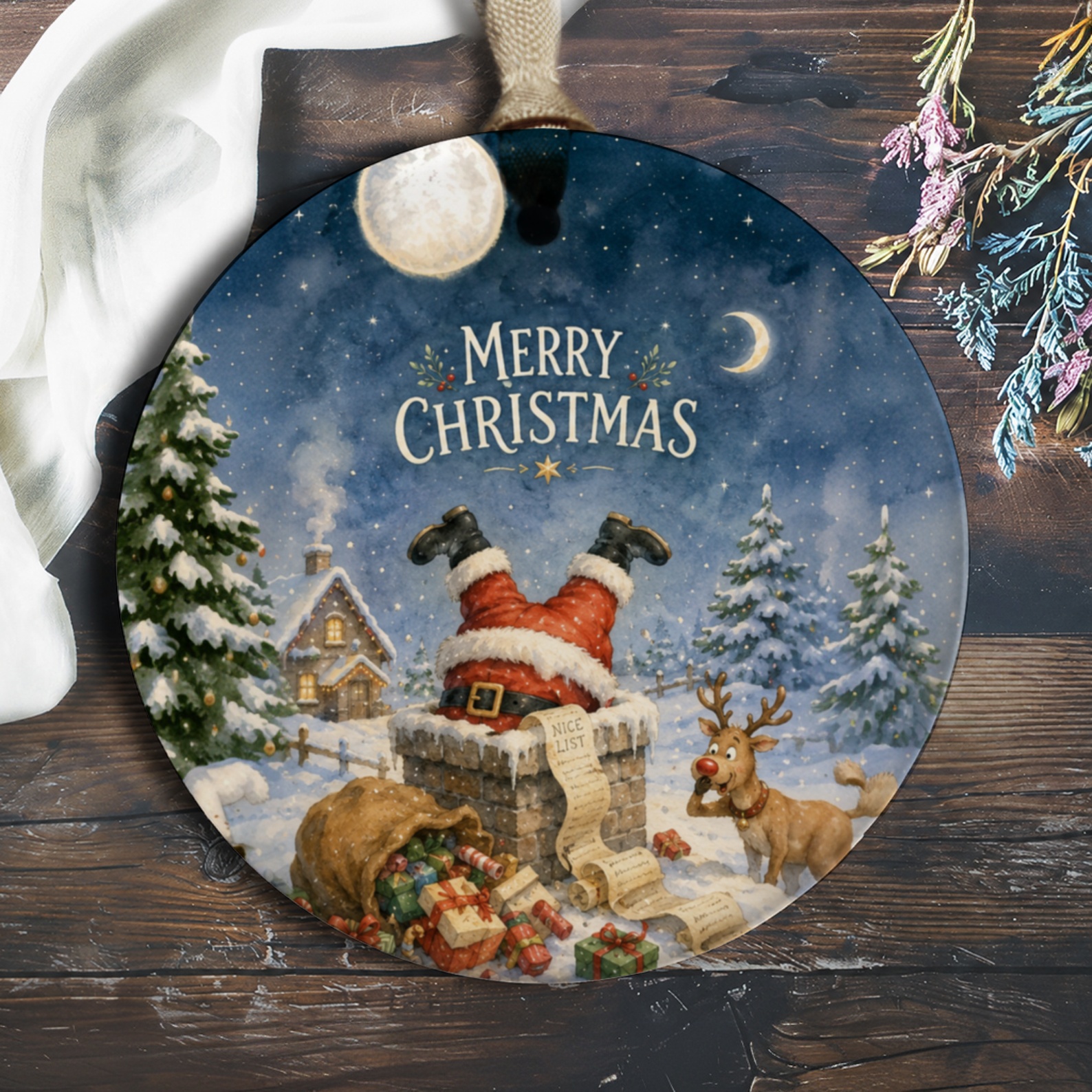 Merry Christmas Ornament Santa Stuck In Chimney With Reindeer Festive Holiday Decor Winter Wonderland Scene O553