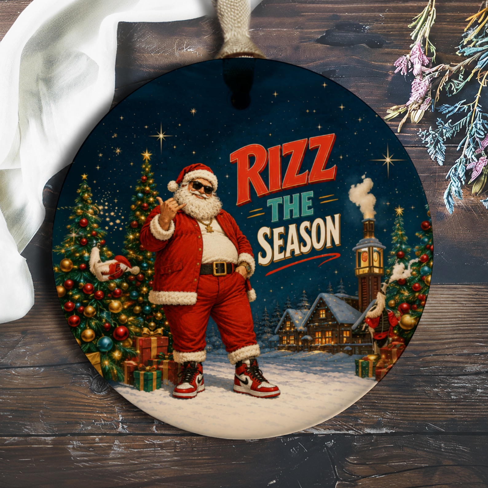 Rizz The Season Christmas Ornament Santa With Gifts Holiday Decor Festive Tree Decoration Winter Wonderland Scene O579