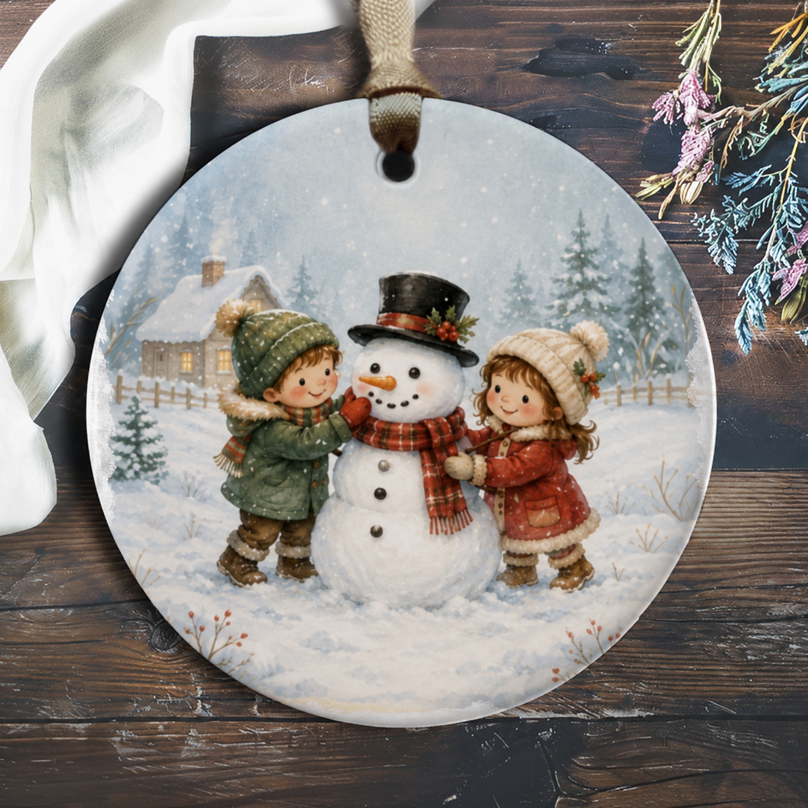 Children Building Snowman Ornament Christmas Decor Winter Scene Holiday Decoration Cute Kids Snowy Landscape O556