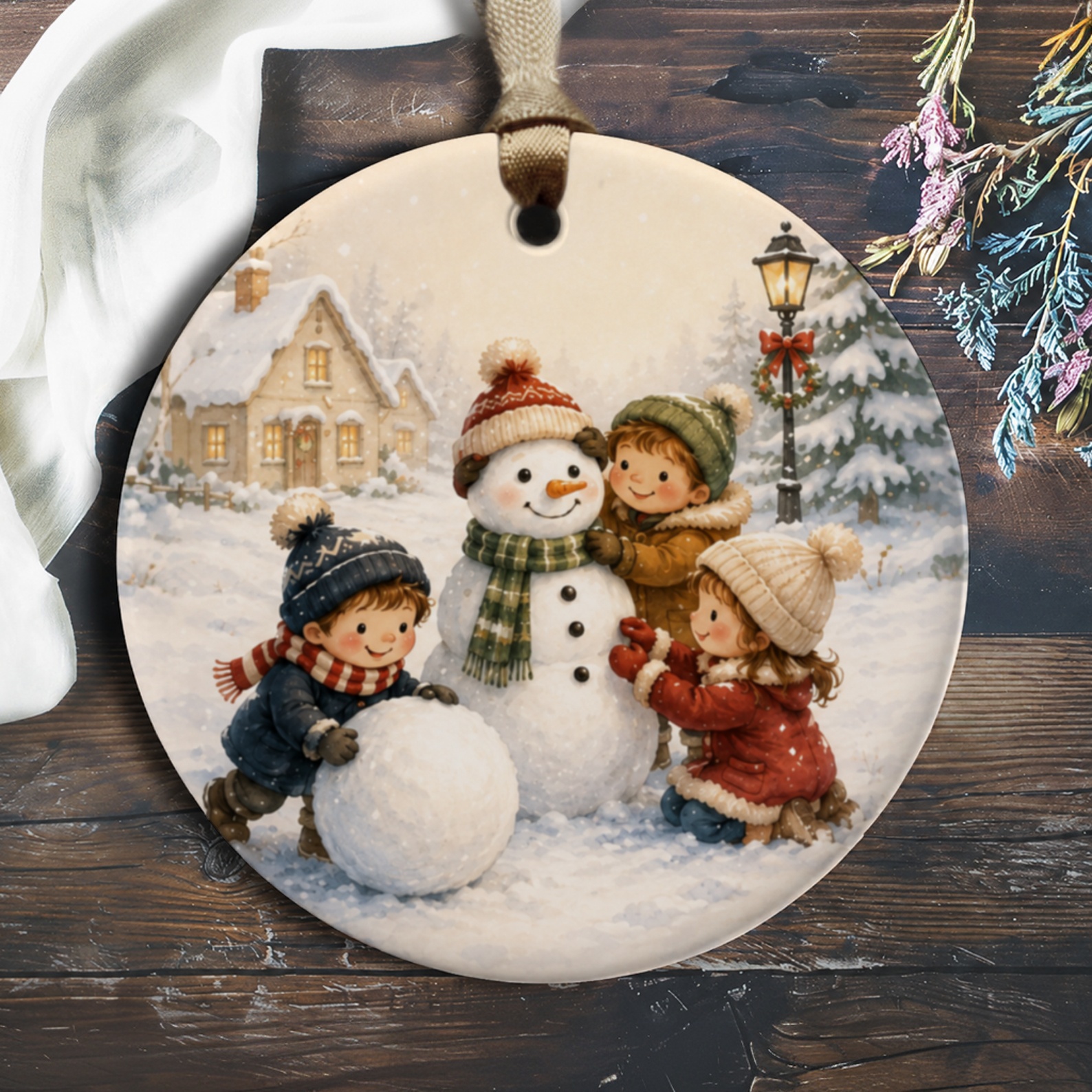 Children Building Snowman Ornament Christmas Decor Winter Scene Holiday Decoration Cute Kids Snowy Landscape Gift O557
