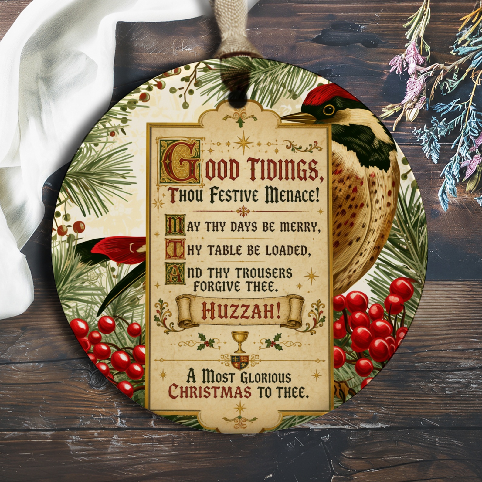Good Tidings Thou Festive Menace Christmas Ornament Vintage Style Holiday Decor Festive Bird Pine Branches Seasonal Decoration O581